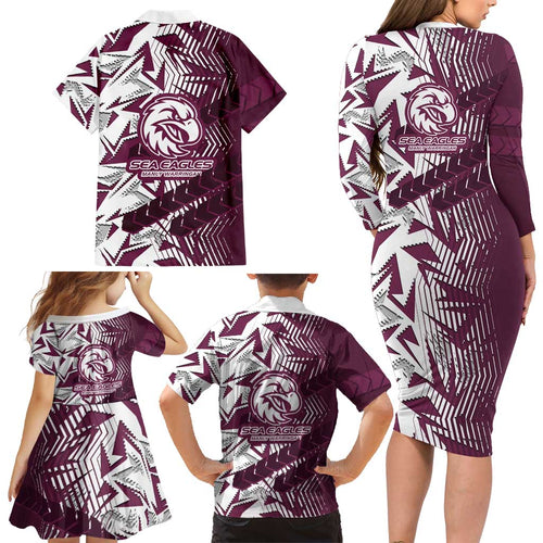 Manly Warringah Sea Eagles Rugby Family Matching Long Sleeve Bodycon Dress and Hawaiian Shirt Fierce Mascot Geometric Tribal Art