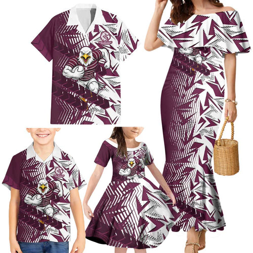 Manly Warringah Sea Eagles Rugby Family Matching Mermaid Dress and Hawaiian Shirt Fierce Mascot Geometric Tribal Art