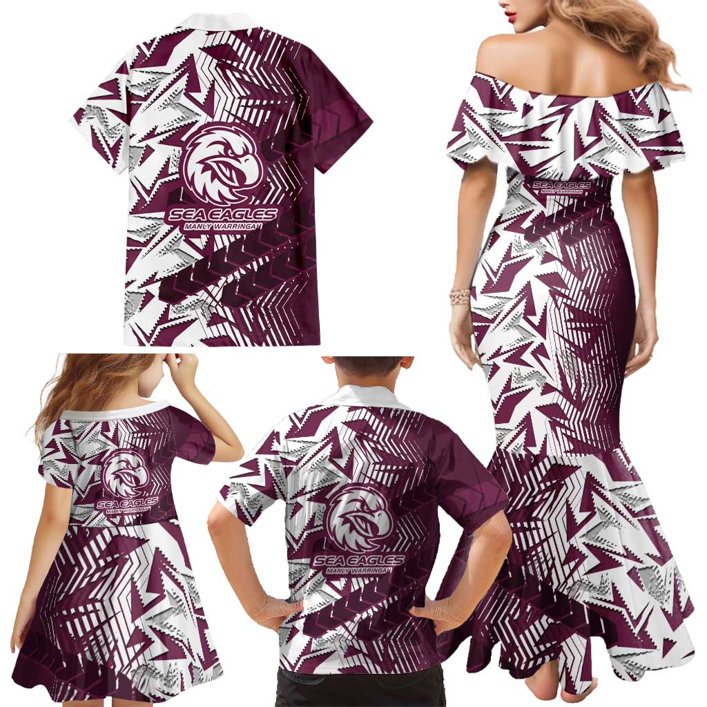 Manly Warringah Sea Eagles Rugby Family Matching Mermaid Dress and Hawaiian Shirt Fierce Mascot Geometric Tribal Art