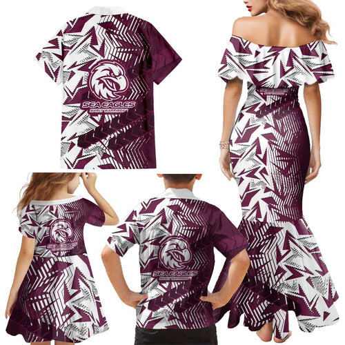 Manly Warringah Sea Eagles Rugby Family Matching Mermaid Dress and Hawaiian Shirt Fierce Mascot Geometric Tribal Art