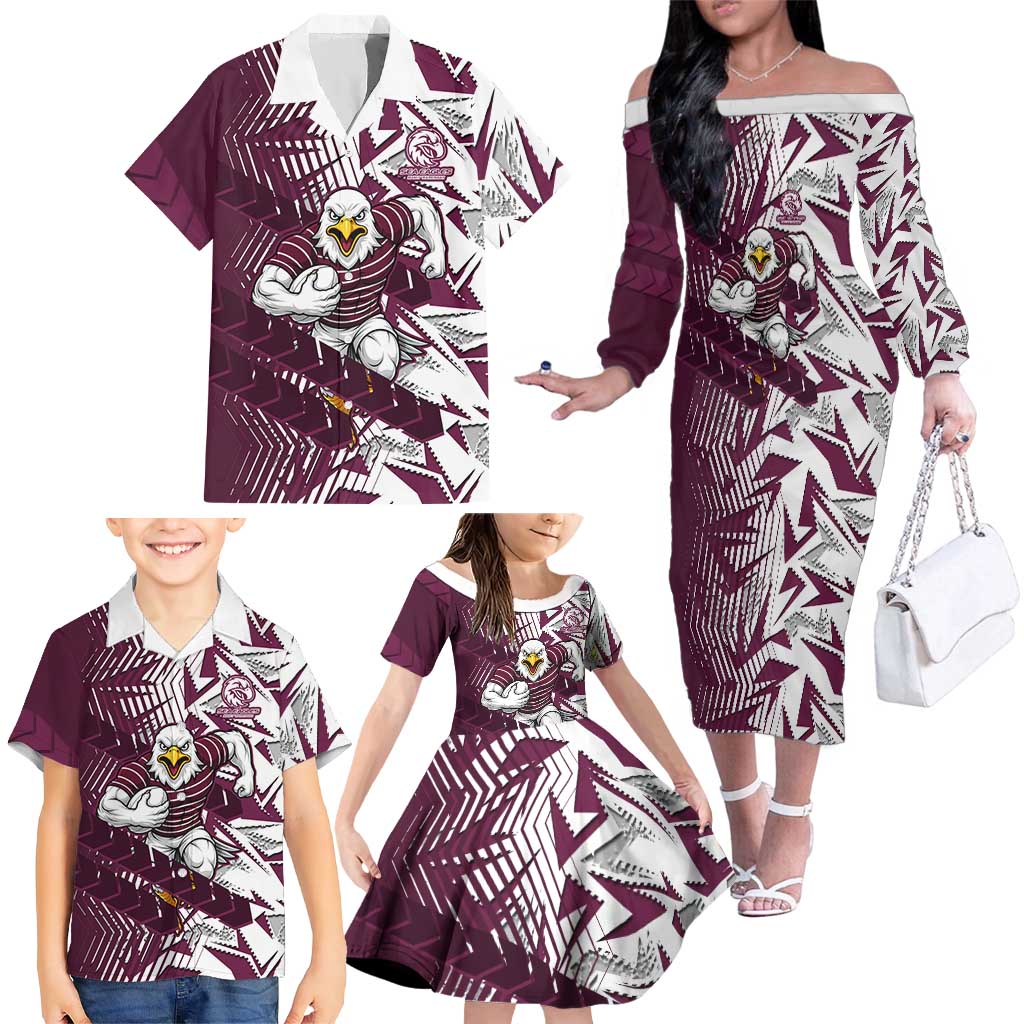 Manly Warringah Sea Eagles Rugby Family Matching Off The Shoulder Long Sleeve Dress and Hawaiian Shirt Fierce Mascot Geometric Tribal Art