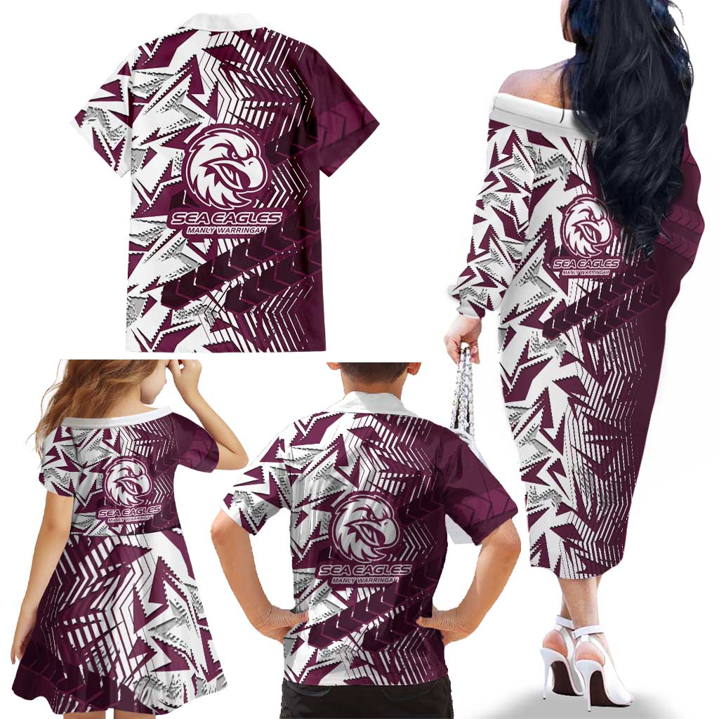 Manly Warringah Sea Eagles Rugby Family Matching Off The Shoulder Long Sleeve Dress and Hawaiian Shirt Fierce Mascot Geometric Tribal Art