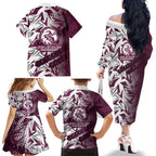 Manly Warringah Sea Eagles Rugby Family Matching Off The Shoulder Long Sleeve Dress and Hawaiian Shirt Fierce Mascot Geometric Tribal Art