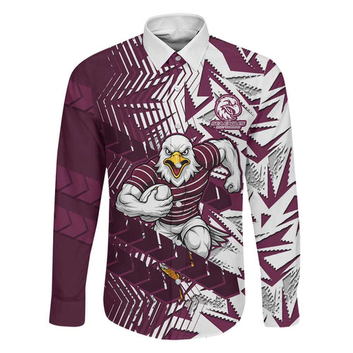 Manly Warringah Sea Eagles Rugby Family Matching Off The Shoulder Long Sleeve Dress and Hawaiian Shirt Fierce Mascot Geometric Tribal Art