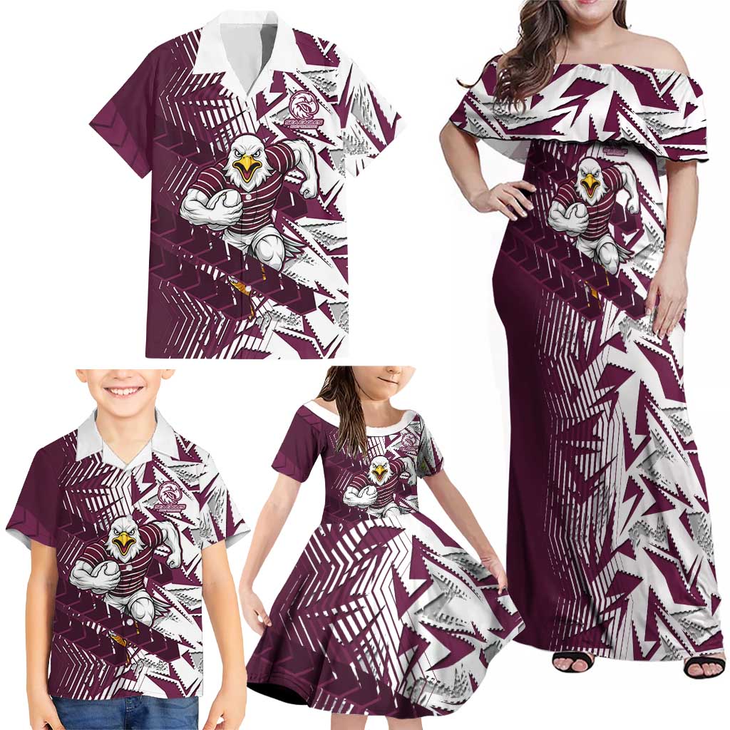 Manly Warringah Sea Eagles Rugby Family Matching Off Shoulder Maxi Dress and Hawaiian Shirt Fierce Mascot Geometric Tribal Art