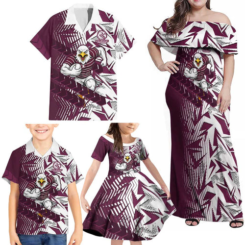 Manly Warringah Sea Eagles Rugby Family Matching Off Shoulder Maxi Dress and Hawaiian Shirt Fierce Mascot Geometric Tribal Art