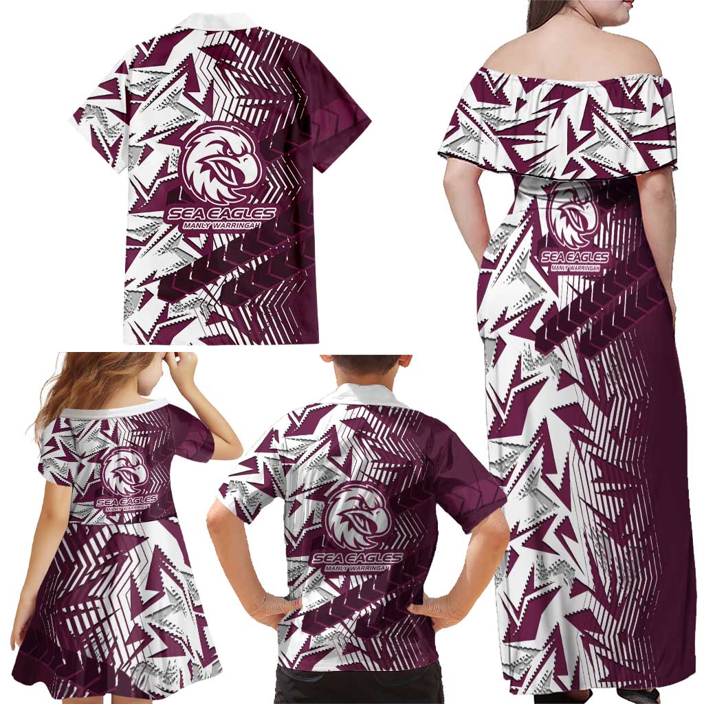 Manly Warringah Sea Eagles Rugby Family Matching Off Shoulder Maxi Dress and Hawaiian Shirt Fierce Mascot Geometric Tribal Art