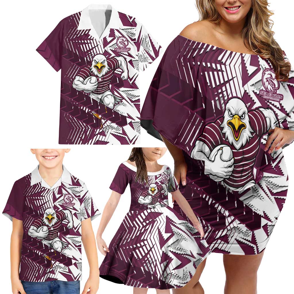 Manly Warringah Sea Eagles Rugby Family Matching Off Shoulder Short Dress and Hawaiian Shirt Fierce Mascot Geometric Tribal Art