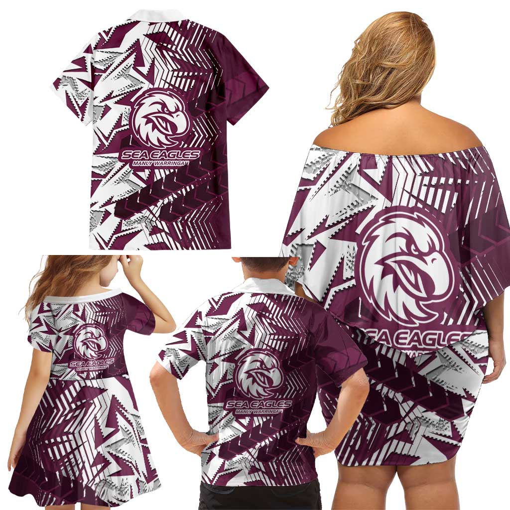Manly Warringah Sea Eagles Rugby Family Matching Off Shoulder Short Dress and Hawaiian Shirt Fierce Mascot Geometric Tribal Art