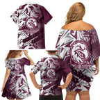 Manly Warringah Sea Eagles Rugby Family Matching Off Shoulder Short Dress and Hawaiian Shirt Fierce Mascot Geometric Tribal Art