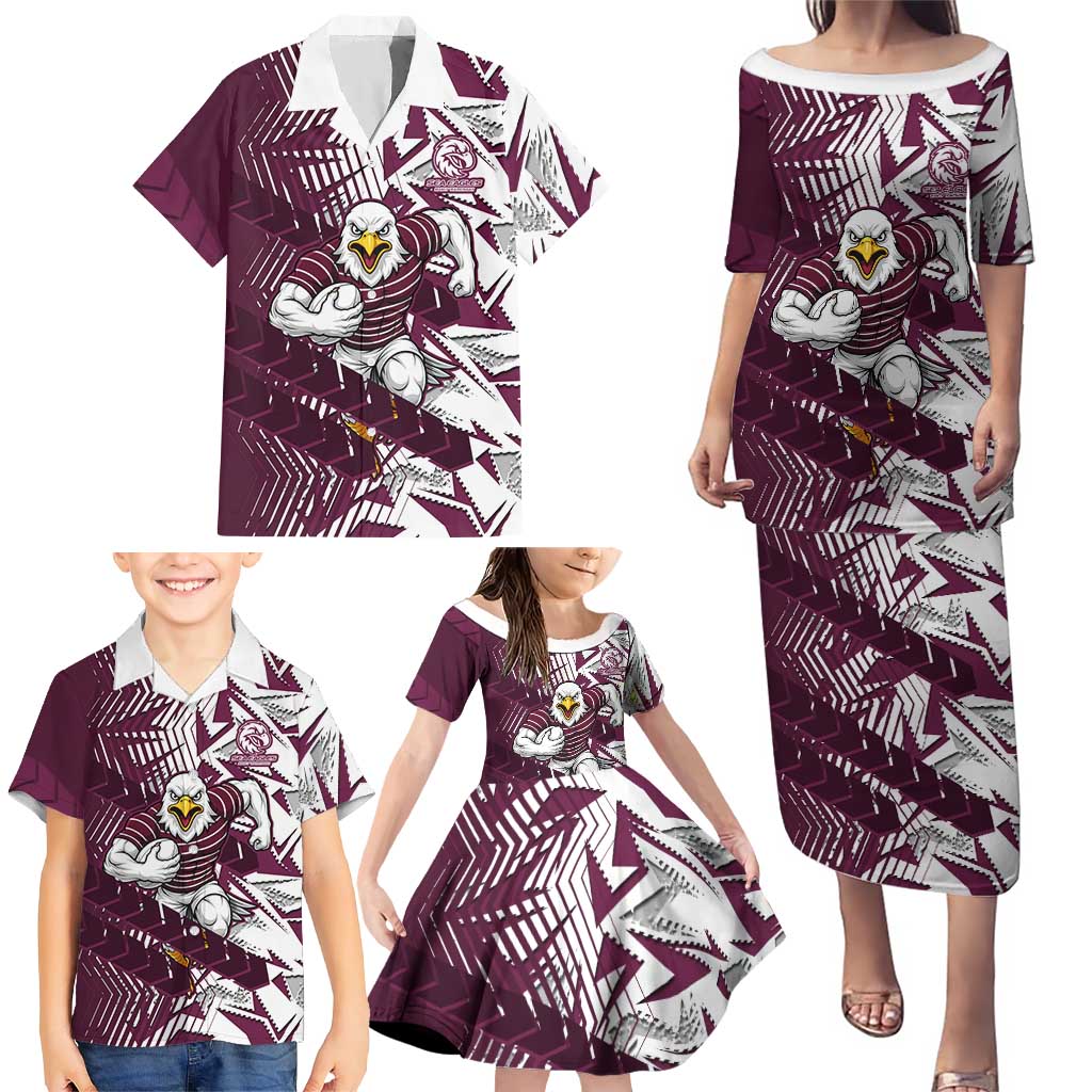 Manly Warringah Sea Eagles Rugby Family Matching Puletasi and Hawaiian Shirt Fierce Mascot Geometric Tribal Art