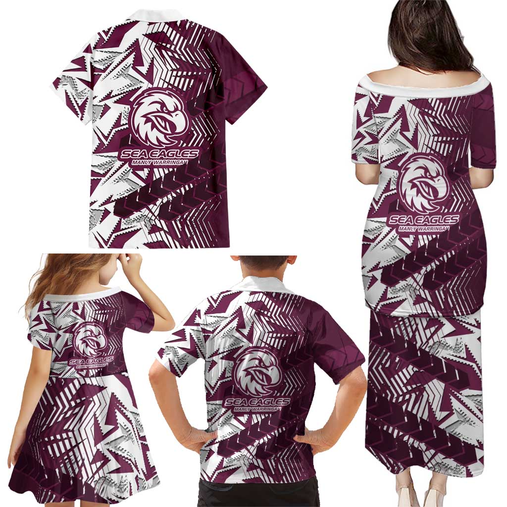 Manly Warringah Sea Eagles Rugby Family Matching Puletasi and Hawaiian Shirt Fierce Mascot Geometric Tribal Art