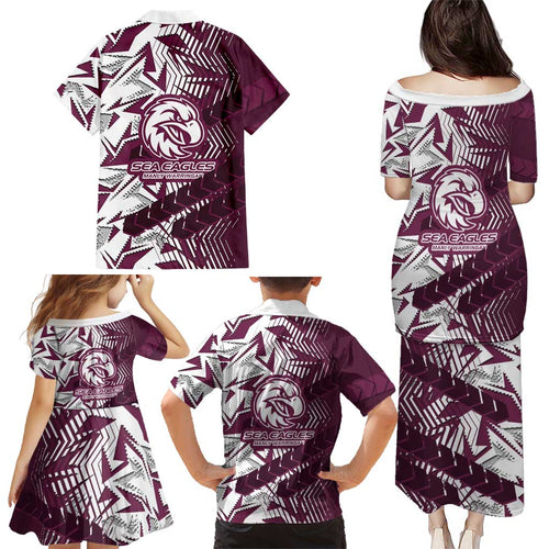 Manly Warringah Sea Eagles Rugby Family Matching Puletasi and Hawaiian Shirt Fierce Mascot Geometric Tribal Art