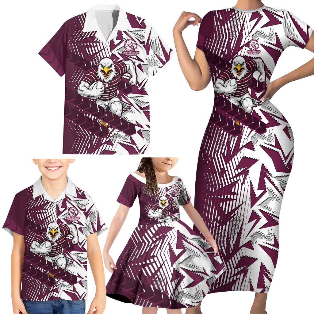 Manly Warringah Sea Eagles Rugby Family Matching Short Sleeve Bodycon Dress and Hawaiian Shirt Fierce Mascot Geometric Tribal Art