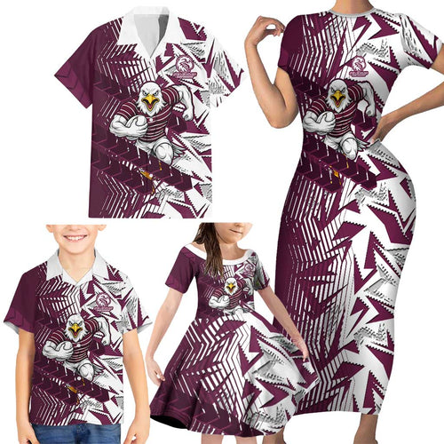 Manly Warringah Sea Eagles Rugby Family Matching Short Sleeve Bodycon Dress and Hawaiian Shirt Fierce Mascot Geometric Tribal Art