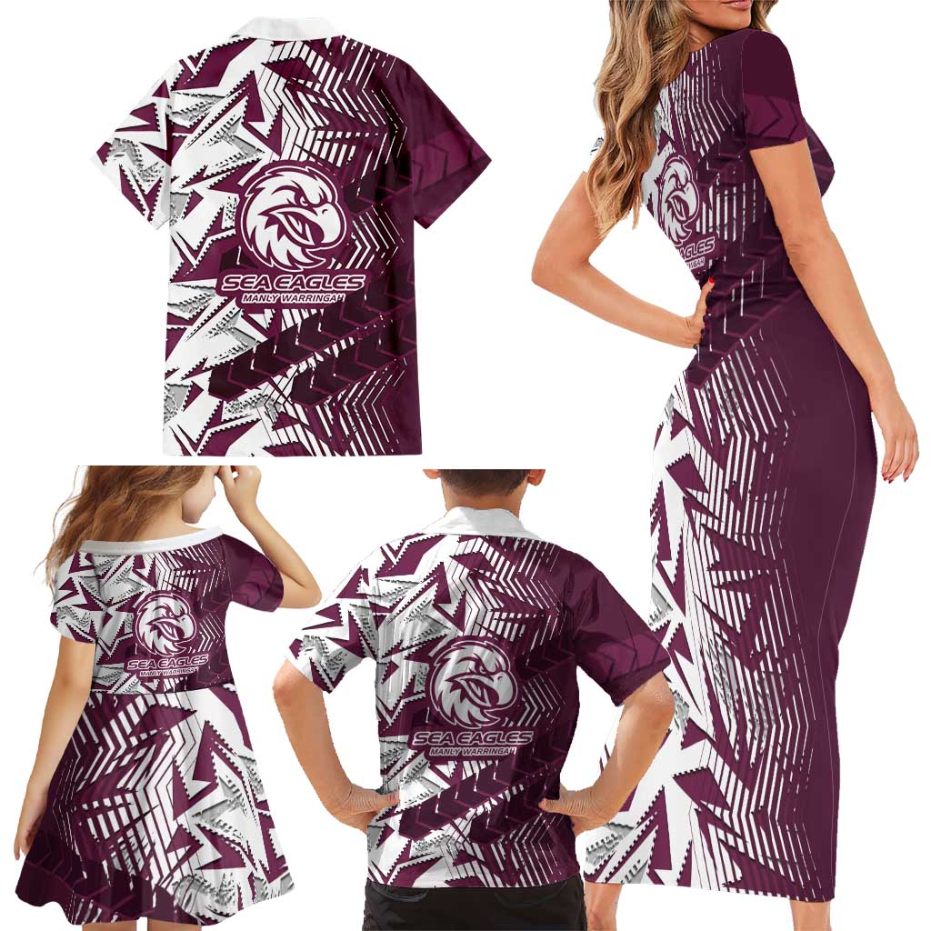 Manly Warringah Sea Eagles Rugby Family Matching Short Sleeve Bodycon Dress and Hawaiian Shirt Fierce Mascot Geometric Tribal Art