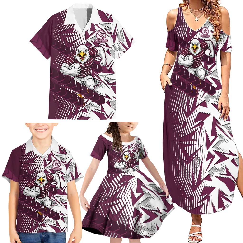 Manly Warringah Sea Eagles Rugby Family Matching Summer Maxi Dress and Hawaiian Shirt Fierce Mascot Geometric Tribal Art