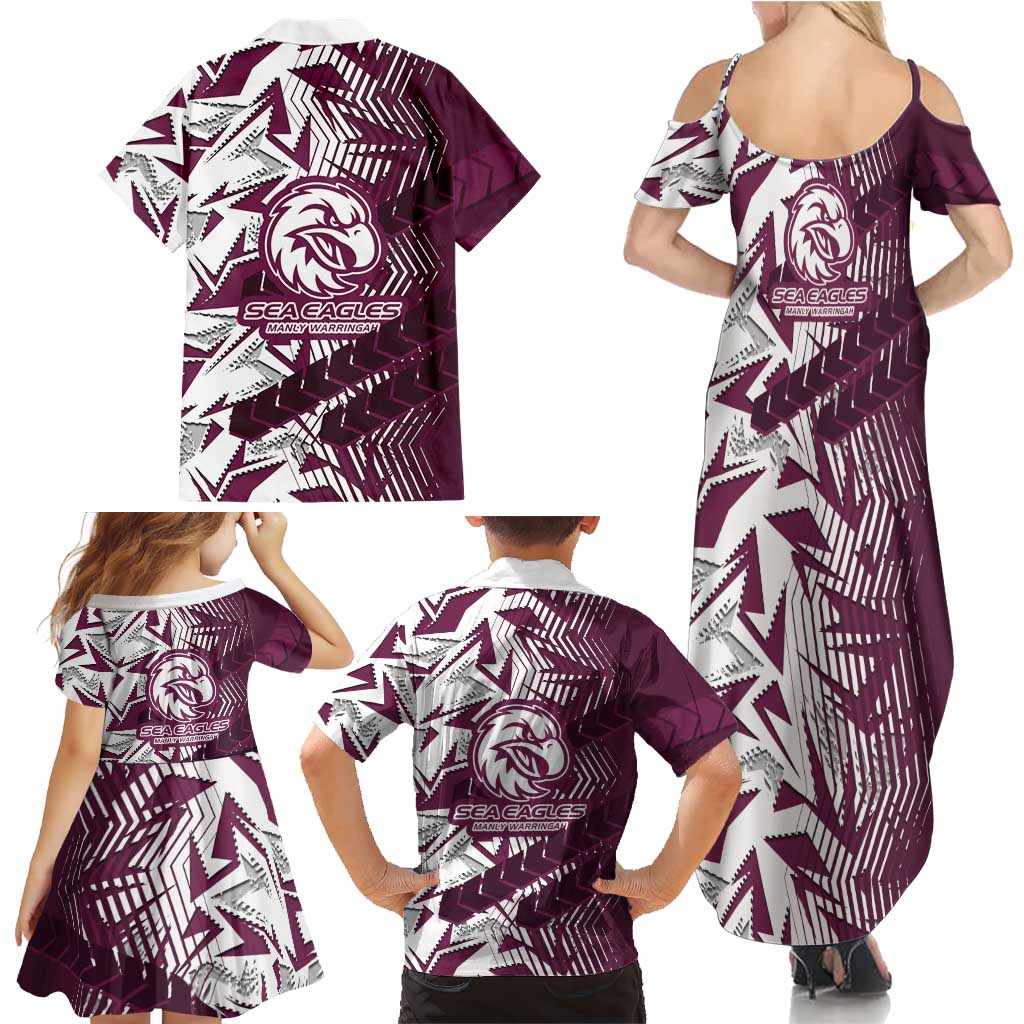 Manly Warringah Sea Eagles Rugby Family Matching Summer Maxi Dress and Hawaiian Shirt Fierce Mascot Geometric Tribal Art