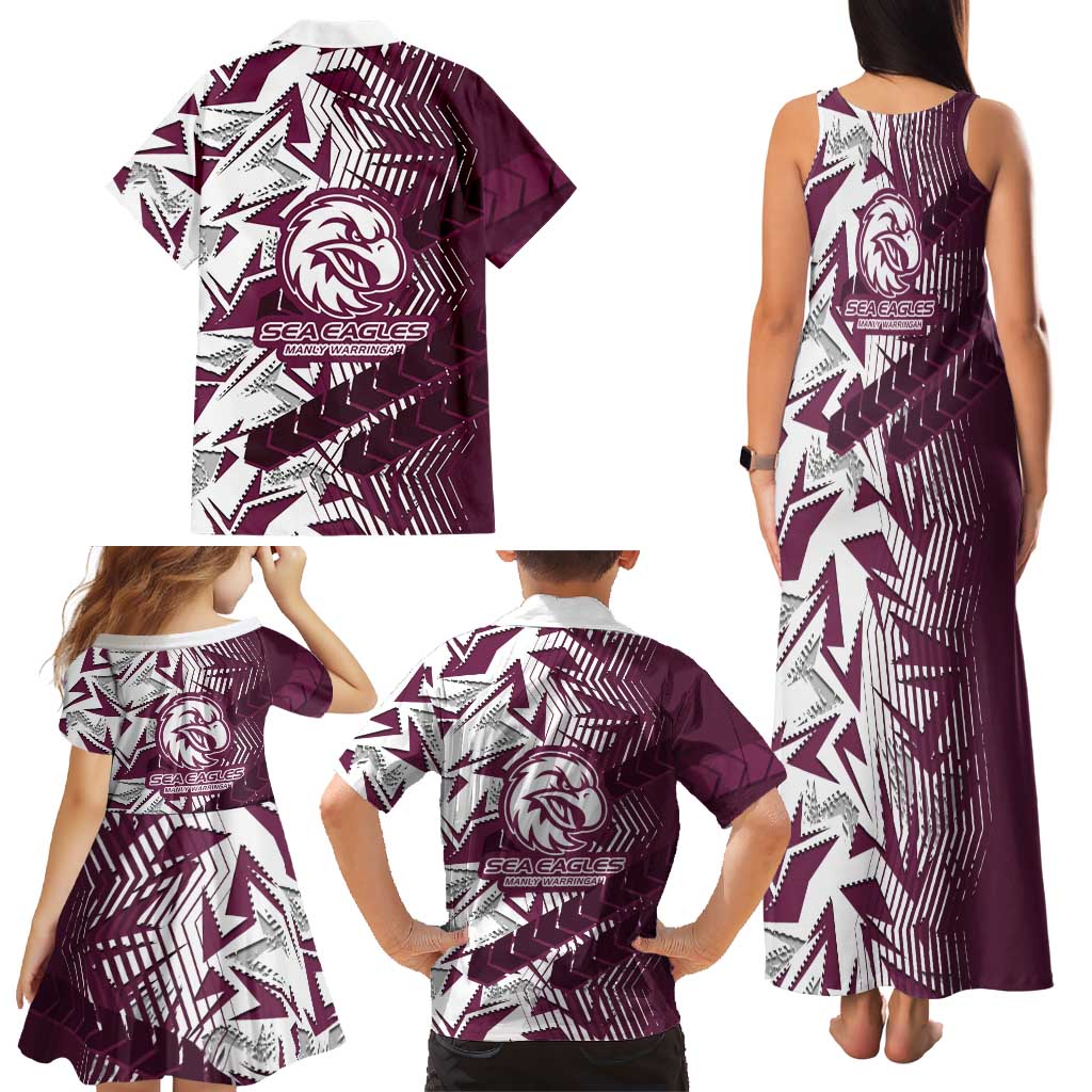 Manly Warringah Sea Eagles Rugby Family Matching Tank Maxi Dress and Hawaiian Shirt Fierce Mascot Geometric Tribal Art