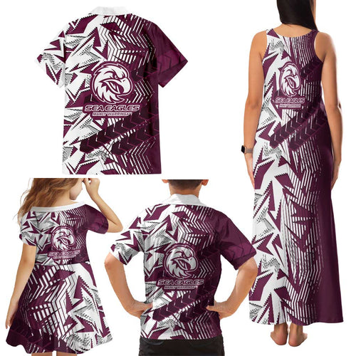 Manly Warringah Sea Eagles Rugby Family Matching Tank Maxi Dress and Hawaiian Shirt Fierce Mascot Geometric Tribal Art