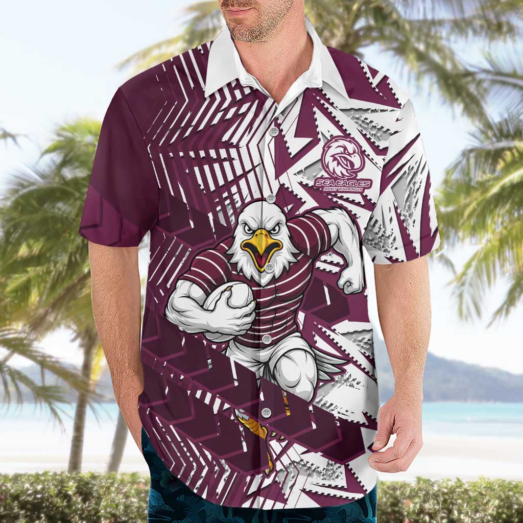 Manly Warringah Sea Eagles Rugby Hawaiian Shirt Fierce Mascot Geometric Tribal Art