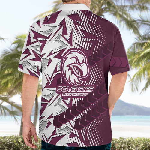 Manly Warringah Sea Eagles Rugby Hawaiian Shirt Fierce Mascot Geometric Tribal Art