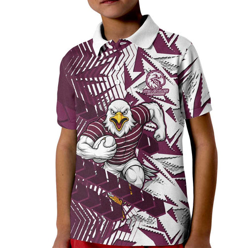 Manly Warringah Sea Eagles Rugby Kid Polo Shirt Fierce Mascot Geometric Tribal Art