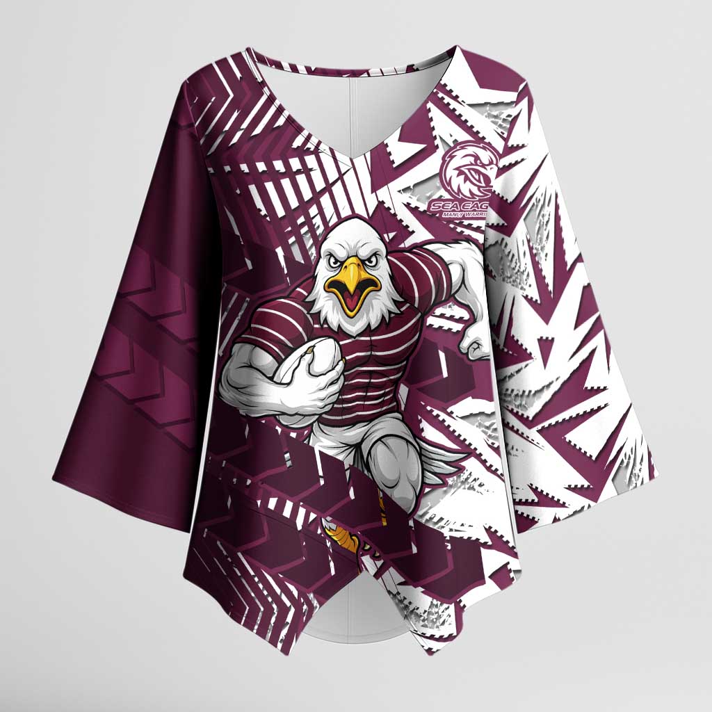 Manly Warringah Sea Eagles Rugby Kimono Sleeve Blouse Fierce Mascot Geometric Tribal Art