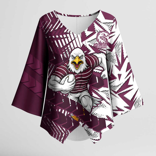 Manly Warringah Sea Eagles Rugby Kimono Sleeve Blouse Fierce Mascot Geometric Tribal Art