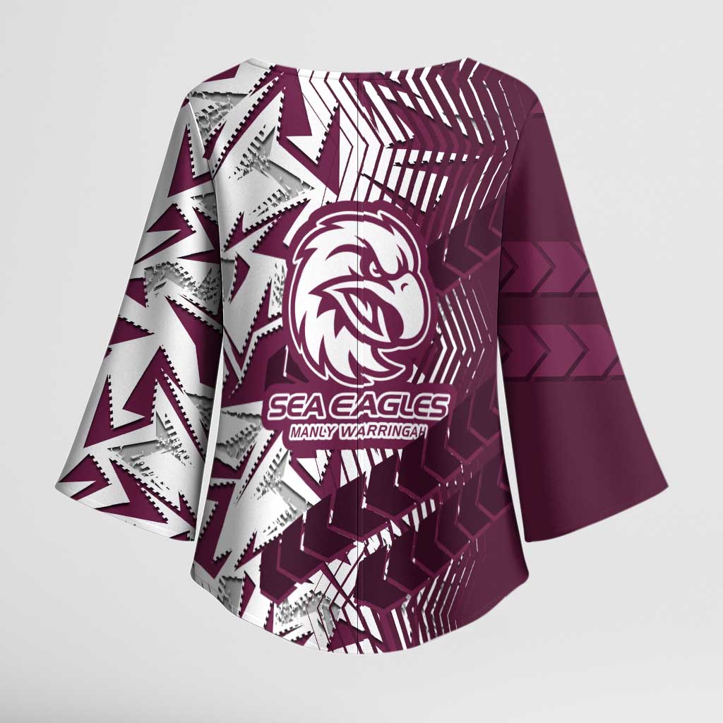 Manly Warringah Sea Eagles Rugby Kimono Sleeve Blouse Fierce Mascot Geometric Tribal Art