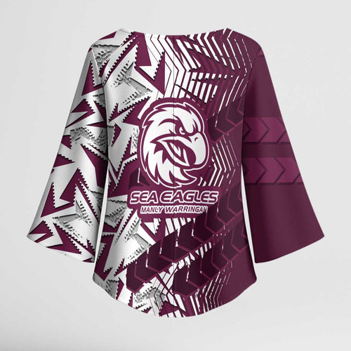 Manly Warringah Sea Eagles Rugby Kimono Sleeve Blouse Fierce Mascot Geometric Tribal Art