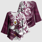 Manly Warringah Sea Eagles Rugby Kimono Sleeve Blouse Fierce Mascot Geometric Tribal Art
