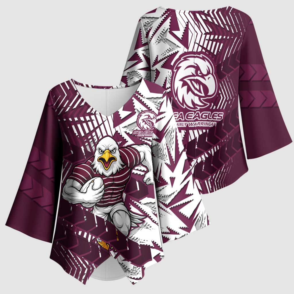Manly Warringah Sea Eagles Rugby Kimono Sleeve Blouse Fierce Mascot Geometric Tribal Art