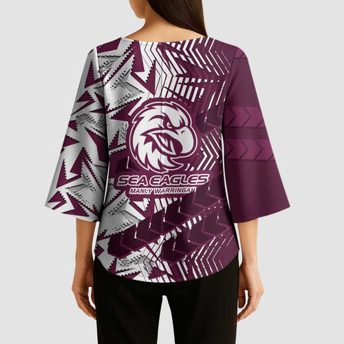 Manly Warringah Sea Eagles Rugby Kimono Sleeve Blouse Fierce Mascot Geometric Tribal Art