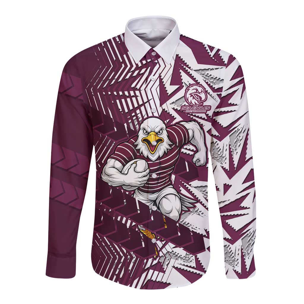 Manly Warringah Sea Eagles Rugby Long Sleeve Button Shirt Fierce Mascot Geometric Tribal Art