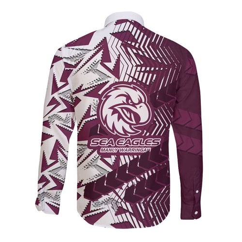 Manly Warringah Sea Eagles Rugby Long Sleeve Button Shirt Fierce Mascot Geometric Tribal Art