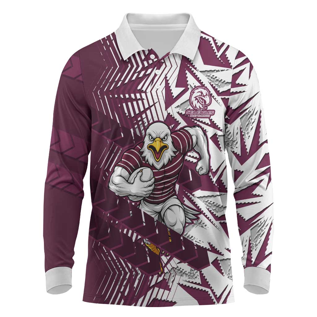 Manly Warringah Sea Eagles Rugby Long Sleeve Polo Shirt Fierce Mascot Geometric Tribal Art