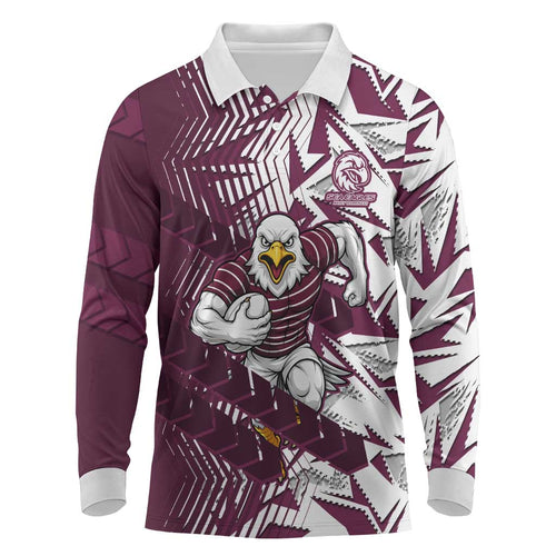 Manly Warringah Sea Eagles Rugby Long Sleeve Polo Shirt Fierce Mascot Geometric Tribal Art