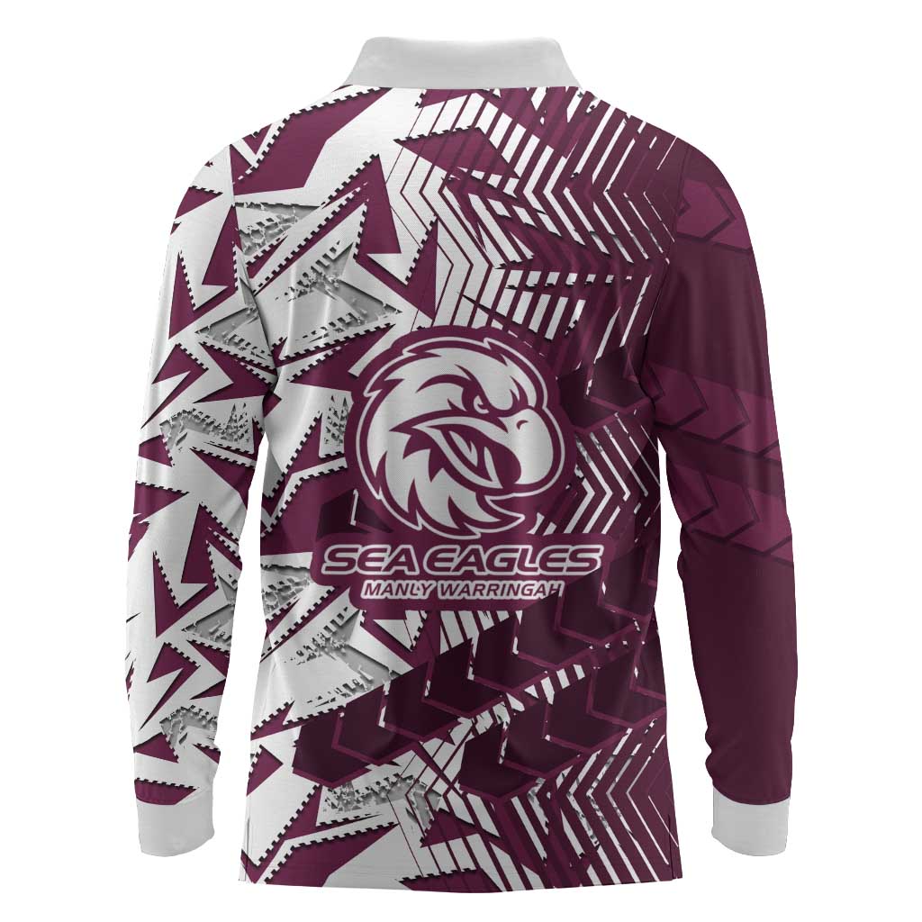Manly Warringah Sea Eagles Rugby Long Sleeve Polo Shirt Fierce Mascot Geometric Tribal Art