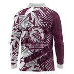 Manly Warringah Sea Eagles Rugby Long Sleeve Polo Shirt Fierce Mascot Geometric Tribal Art