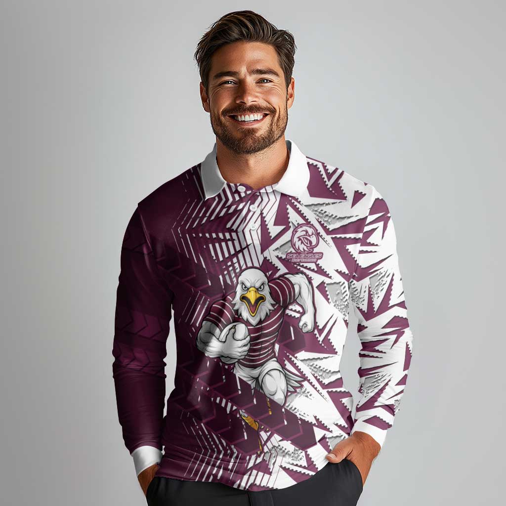 Manly Warringah Sea Eagles Rugby Long Sleeve Polo Shirt Fierce Mascot Geometric Tribal Art