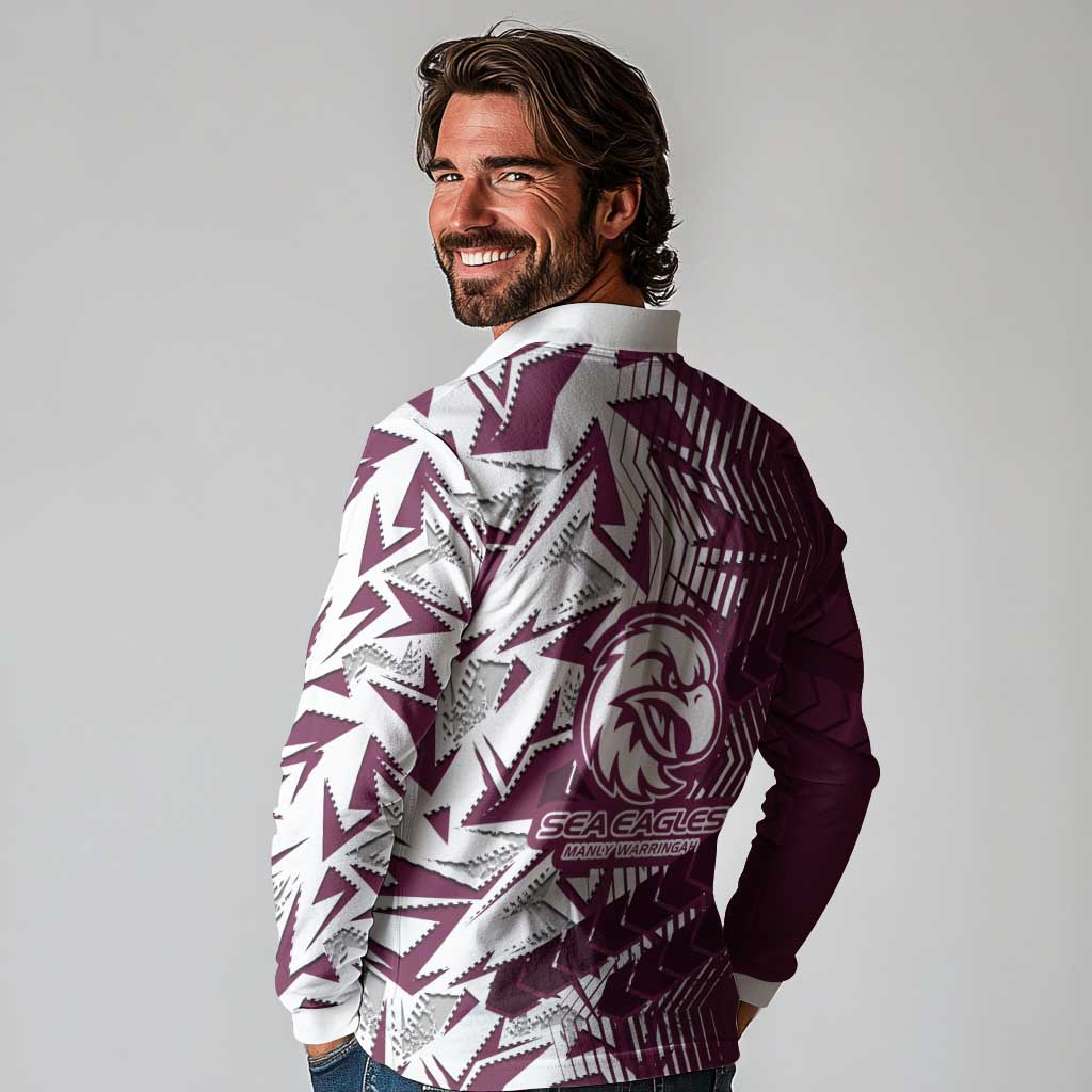 Manly Warringah Sea Eagles Rugby Long Sleeve Polo Shirt Fierce Mascot Geometric Tribal Art