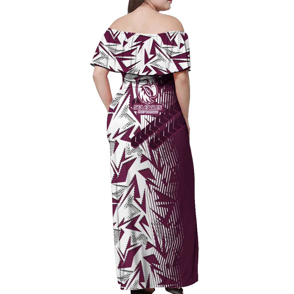 Manly Warringah Sea Eagles Rugby Off Shoulder Maxi Dress Fierce Mascot Geometric Tribal Art