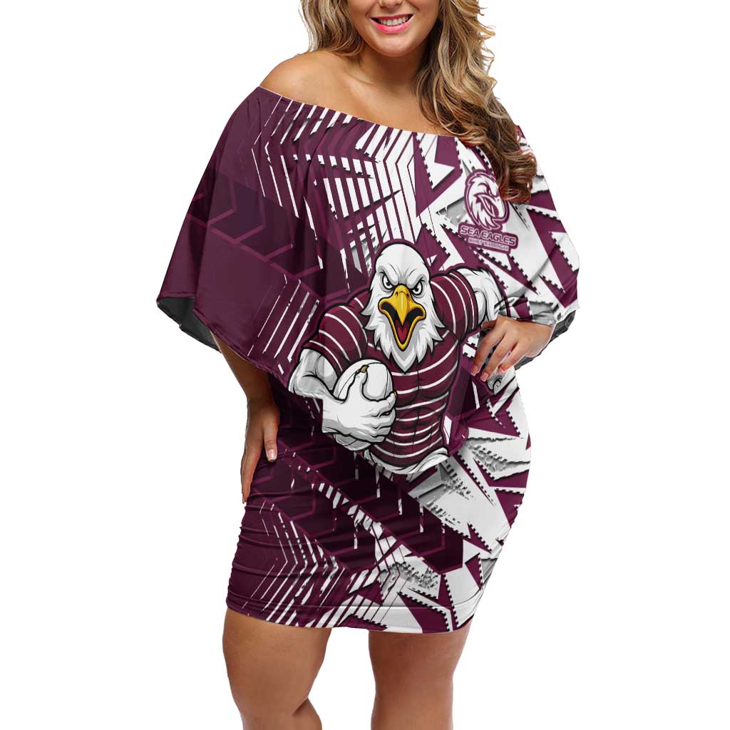Manly Warringah Sea Eagles Rugby Off Shoulder Short Dress Fierce Mascot Geometric Tribal Art
