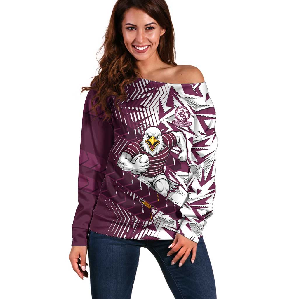 Manly Warringah Sea Eagles Rugby Off Shoulder Sweater Fierce Mascot Geometric Tribal Art
