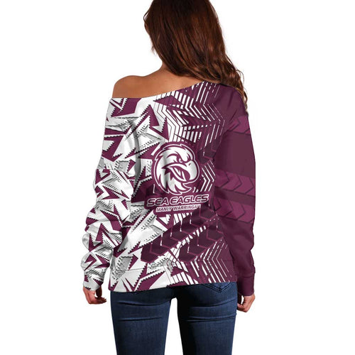 Manly Warringah Sea Eagles Rugby Off Shoulder Sweater Fierce Mascot Geometric Tribal Art