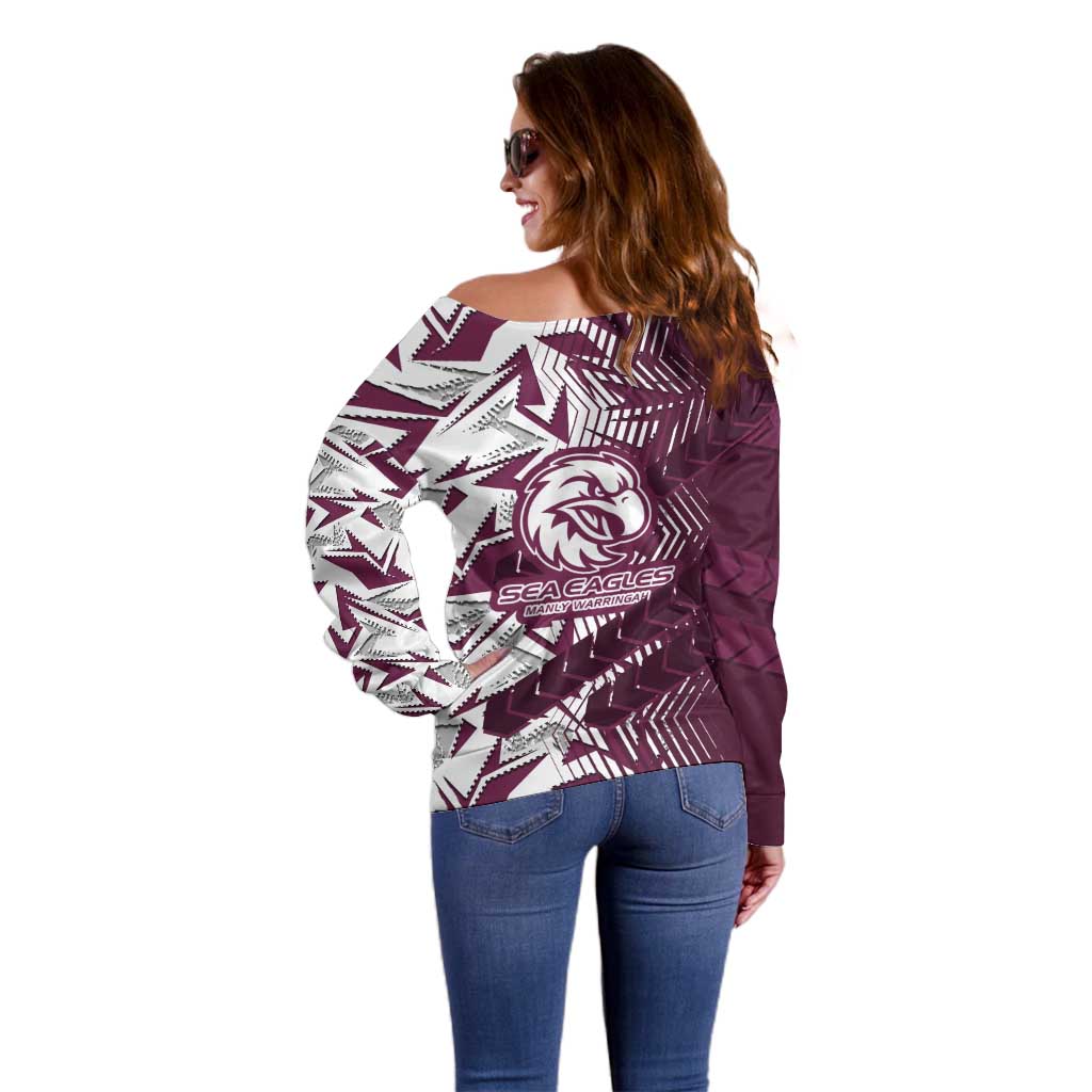 Manly Warringah Sea Eagles Rugby Off Shoulder Sweater Fierce Mascot Geometric Tribal Art