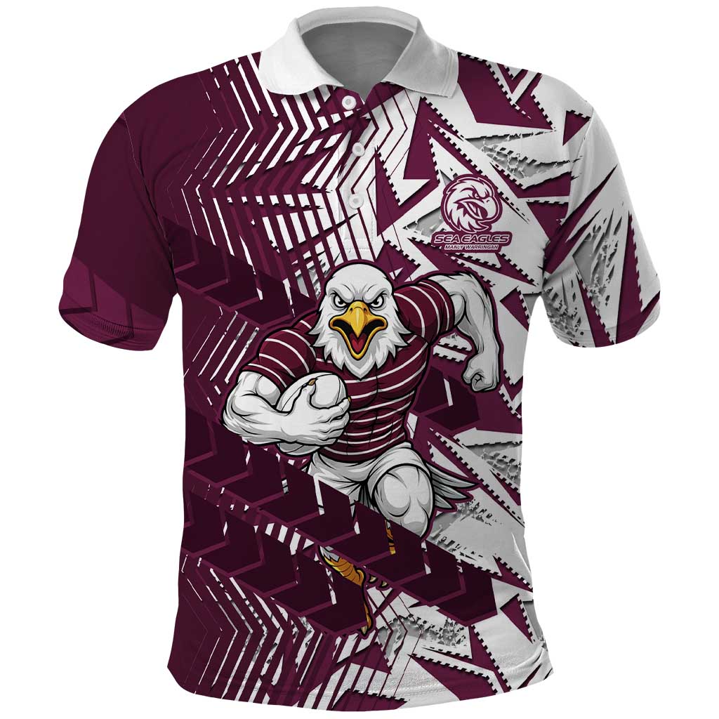 Manly Warringah Sea Eagles Rugby Polo Shirt Fierce Mascot Geometric Tribal Art