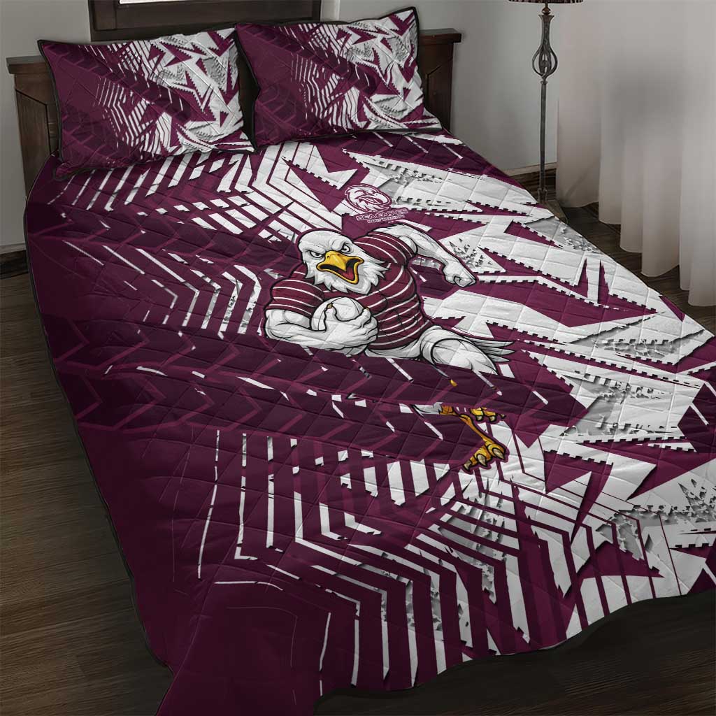 Manly Warringah Sea Eagles Rugby Quilt Bed Set Fierce Mascot Geometric Tribal Art