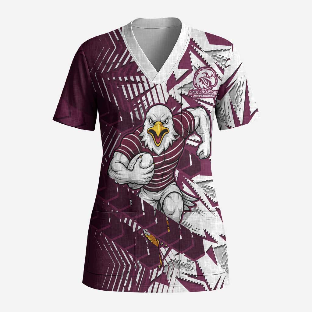 Manly Warringah Sea Eagles Rugby Scrub Top Fierce Mascot Geometric Tribal Art